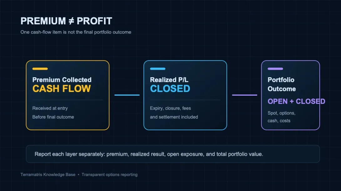 Analytical ledger diagram contrasting premium collected, realized profit and loss, and the total portfolio outcome.